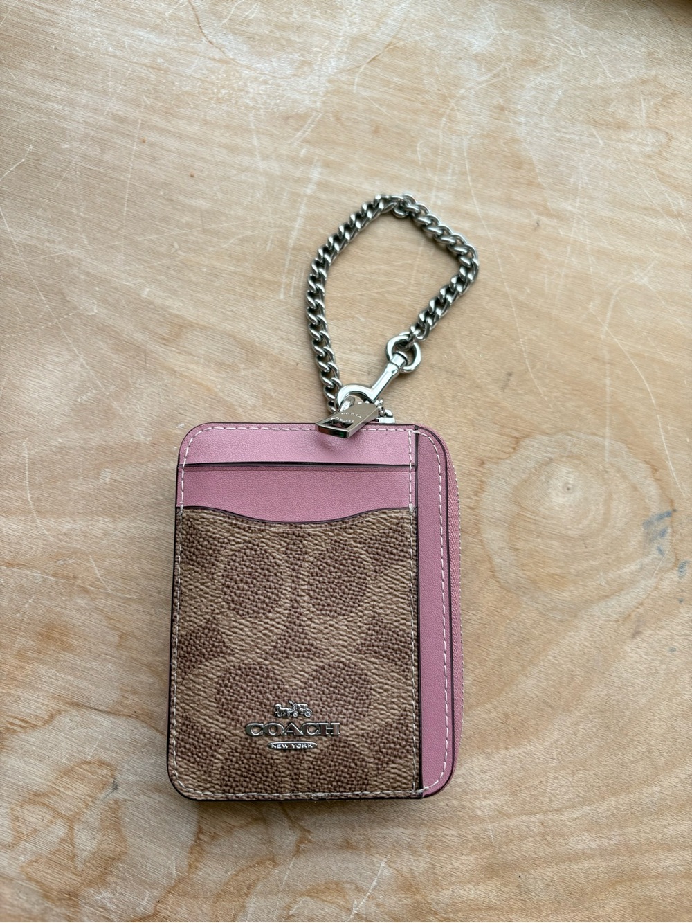 Coach Brown Signature Card Case with Pink Trim and Silver Chain - Picture 3 of 10